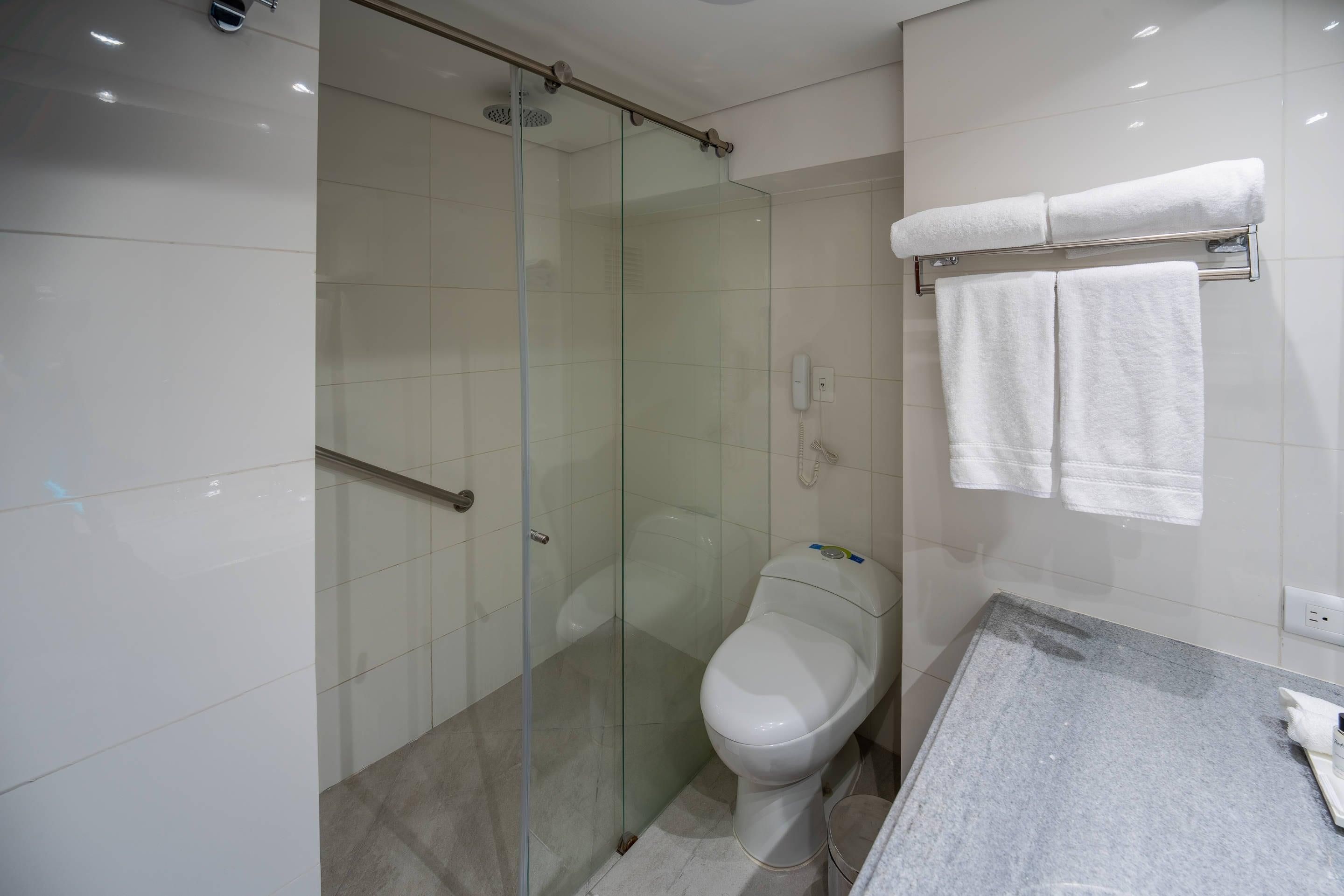 Un baño moderno con ducha de vidrio, inodoro y encimera de mármol.