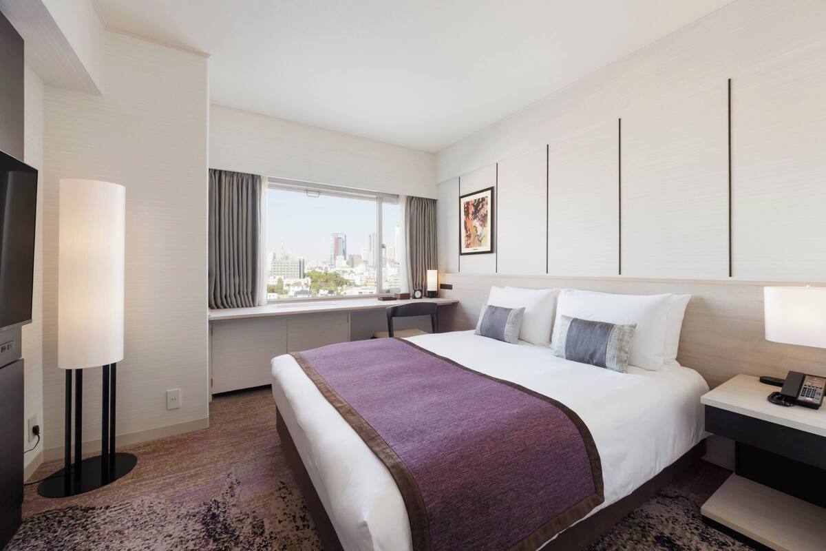 A hotel room with a large bed, a desk, a chair, a TV, and a window with a city view.