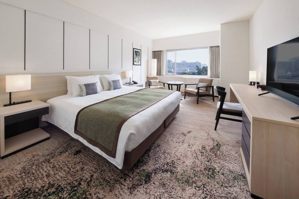 A hotel room with a large bed, a desk, a chair, a TV, and a view of the city.