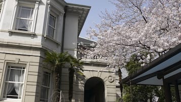 Experience the serenity of our classical building, featuring a tranquil pool with soothing water jets, surrounded by lush gardens and a beautiful tree in bloom.