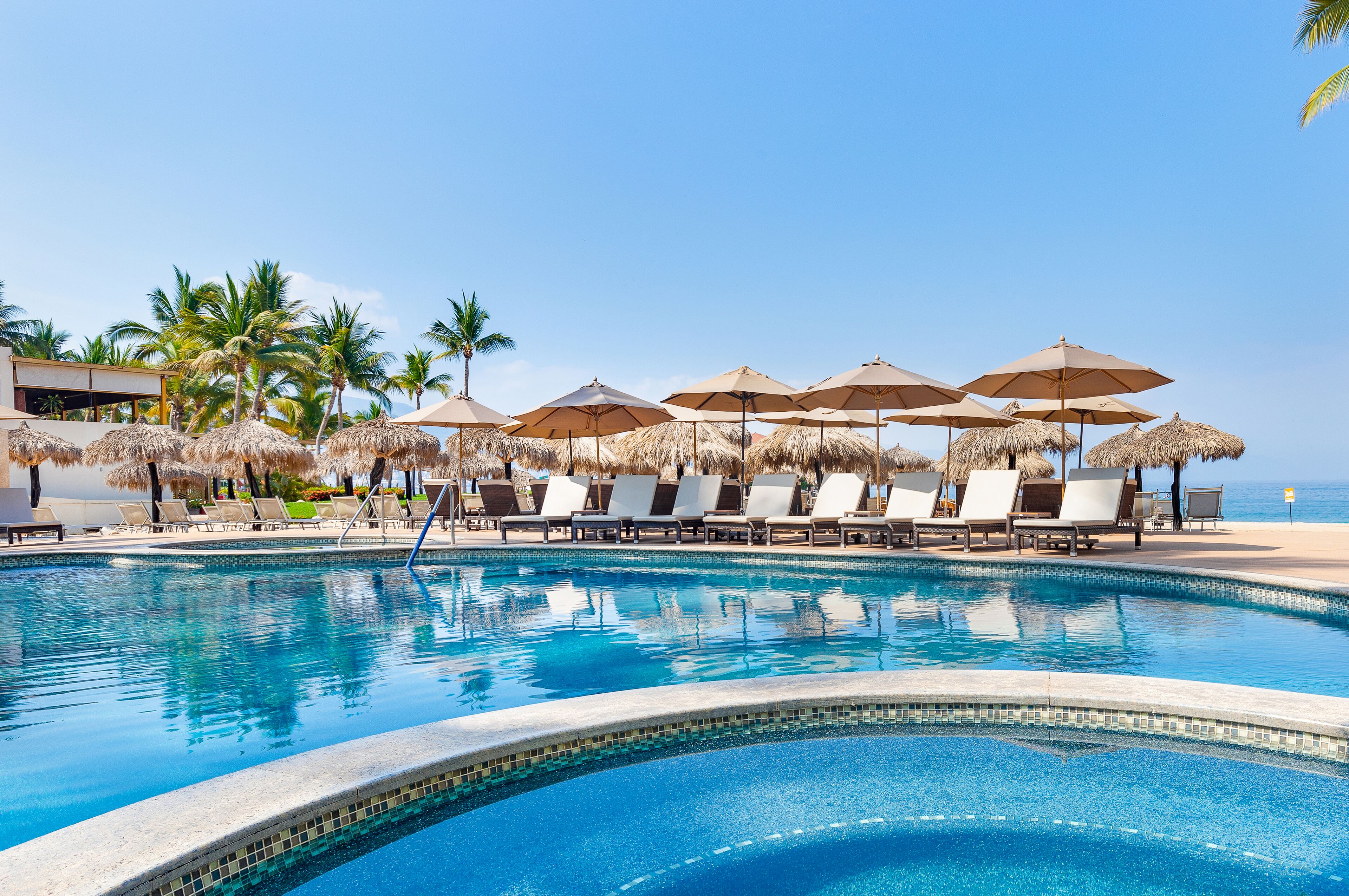 Un espace aménagé au bord de la piscine, avec des chaises longues et des parasols, des palmiers et une vue dégagée sur l’océan.