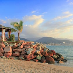 On the beach, sun loungers, beach umbrellas, beach towels