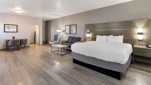 Une chambre d’hôtel moderne avec un grand lit, un bureau, une chaise et un canapé.