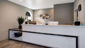 Un comptoir d’accueil avec un plan de travail blanc, une plante en pot et une horloge fixée au mur.