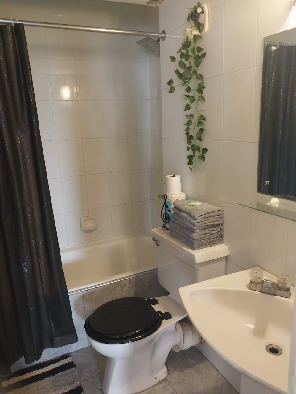 Ein Badezimmer mit Dusche, Toilette und Waschbecken.