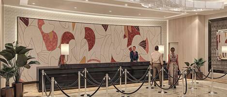 Zona de recepción de hotel con suelo de mármol, una gran obra de arte abstracta en la pared y un diseño de techo moderno.