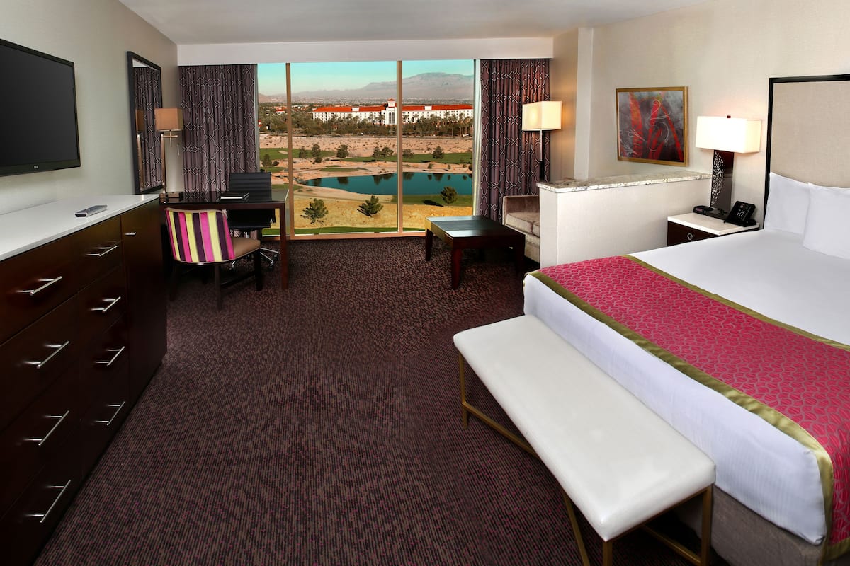 Habitación de hotel con una cama grande, un escritorio con silla, un televisor y vistas a un lago y montañas.