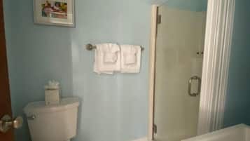 Een badkamer met een toilet, een douche en een wastafel.