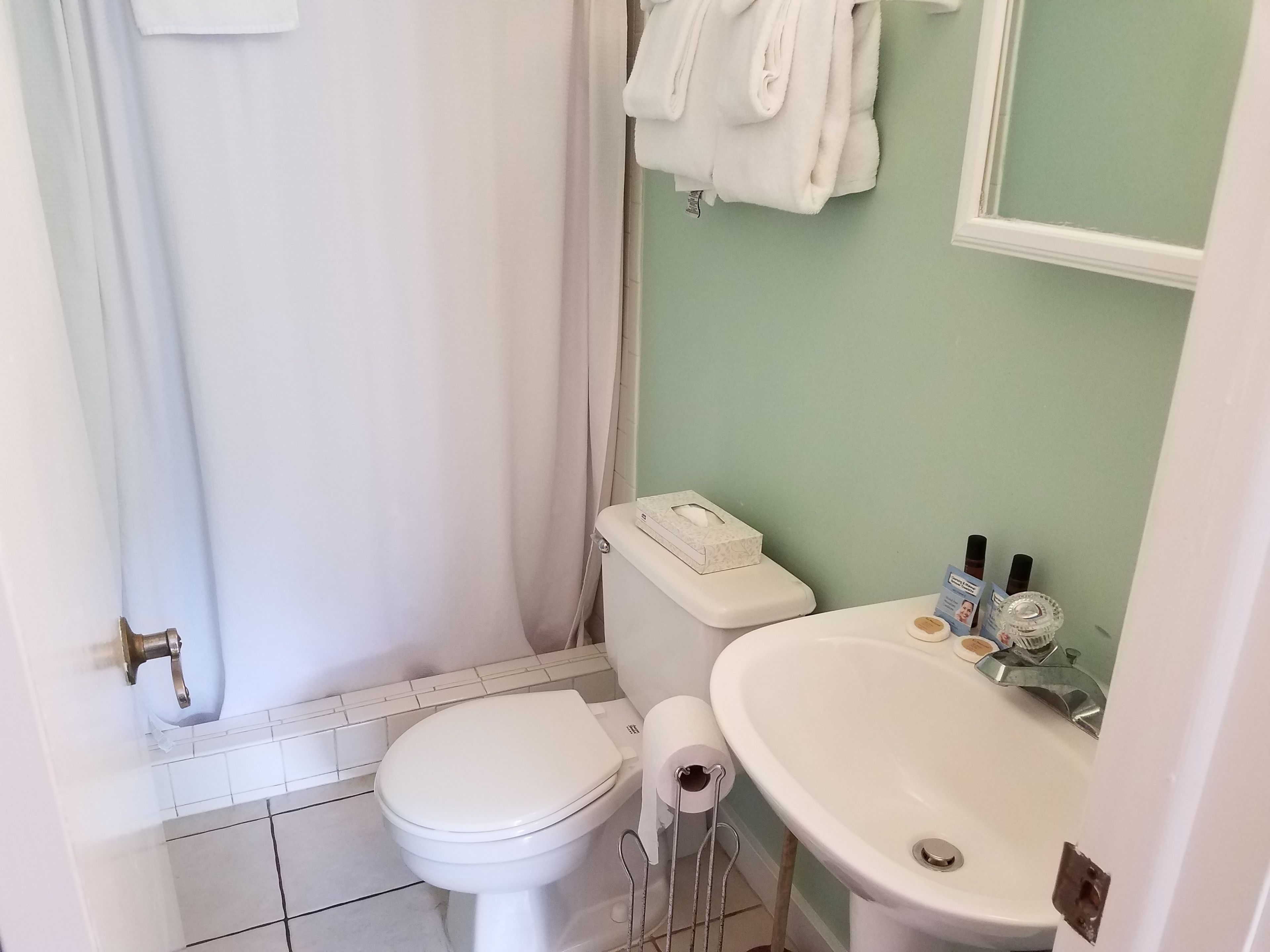 A small bathroom with a toilet, a sink, and a shower curtain.