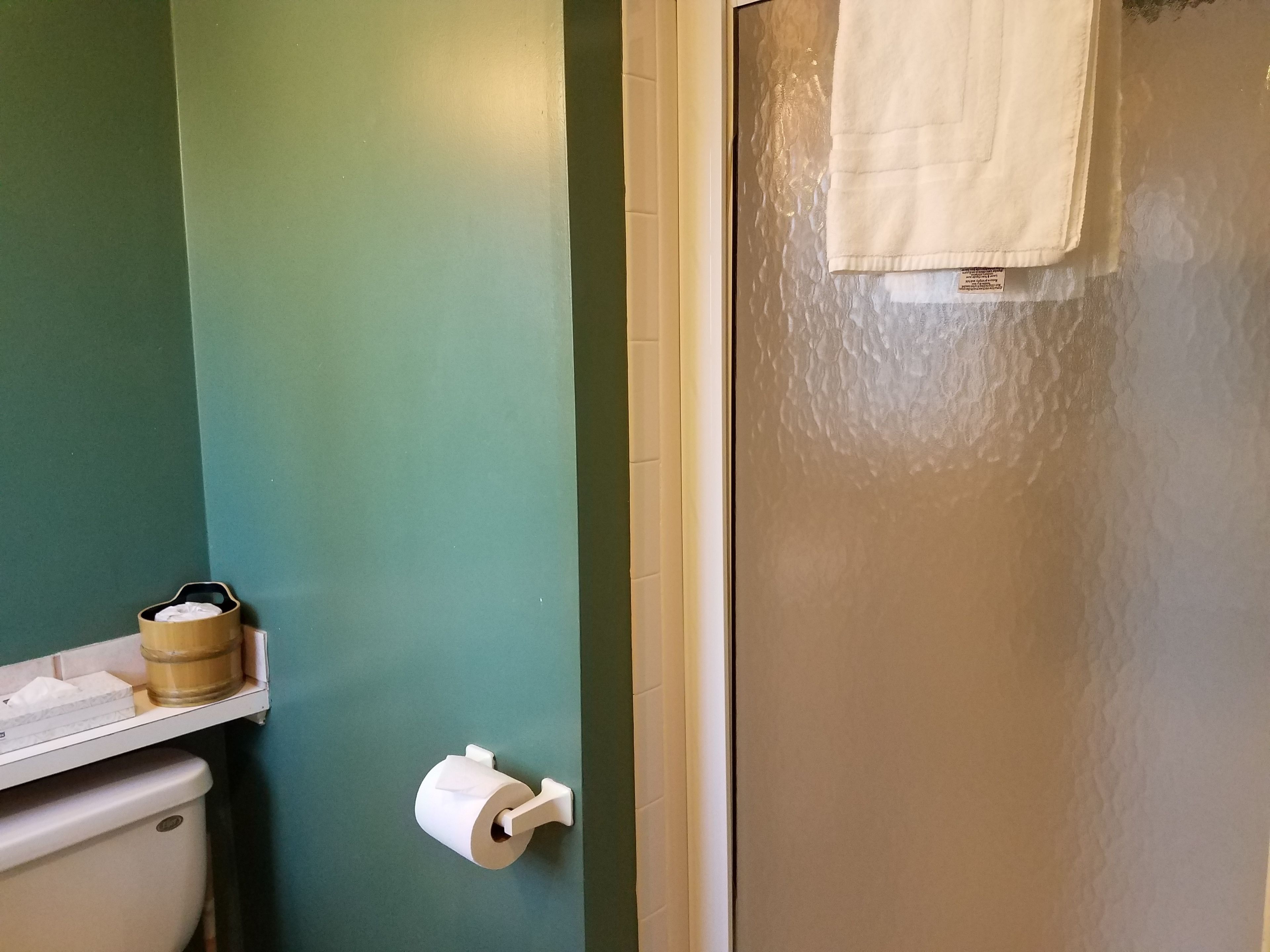 A bathroom with a green wall, a toilet, a towel hanging on a rack, and a glass shower door.