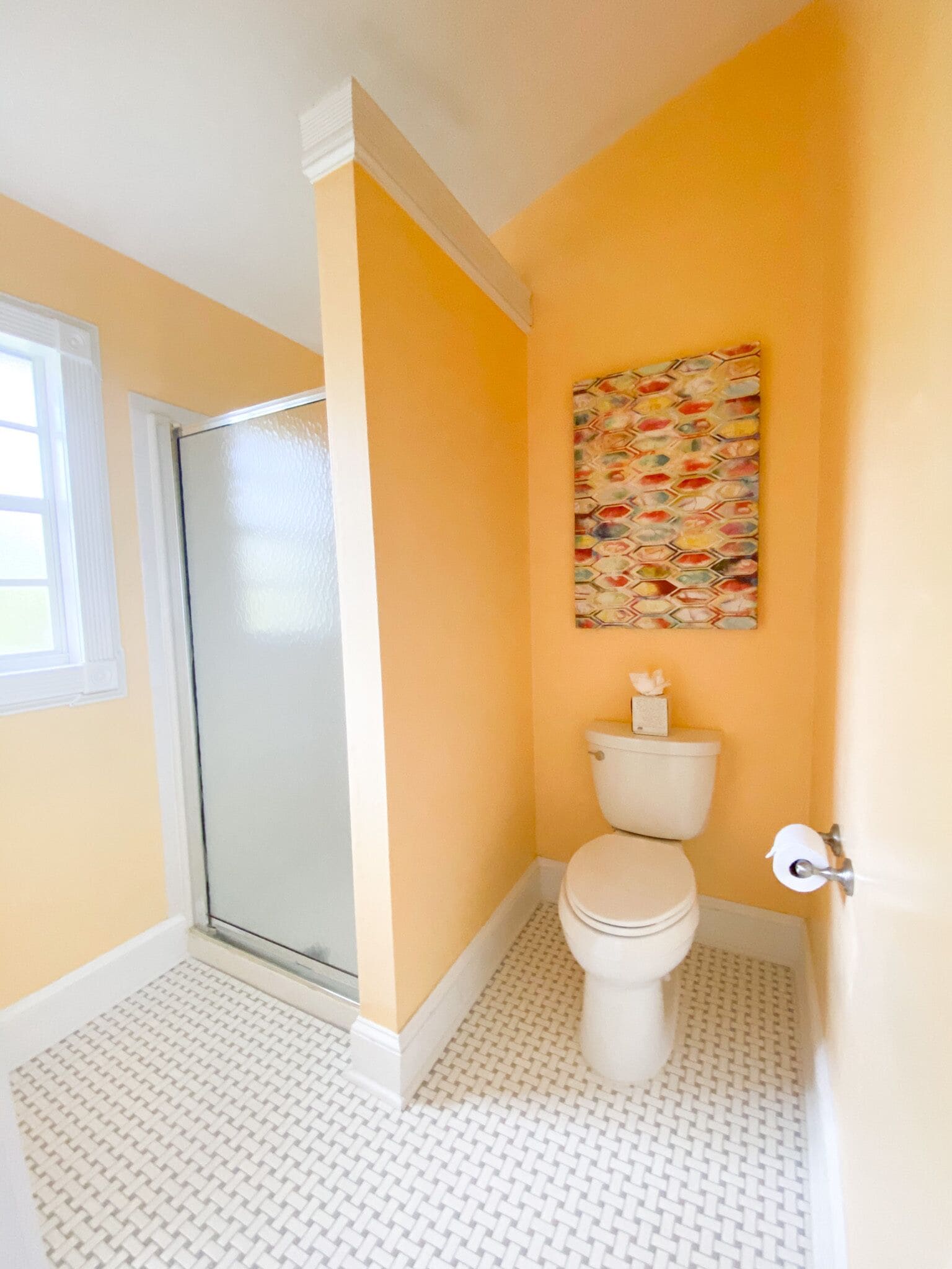 A bathroom with a toilet, a shower, and a window.