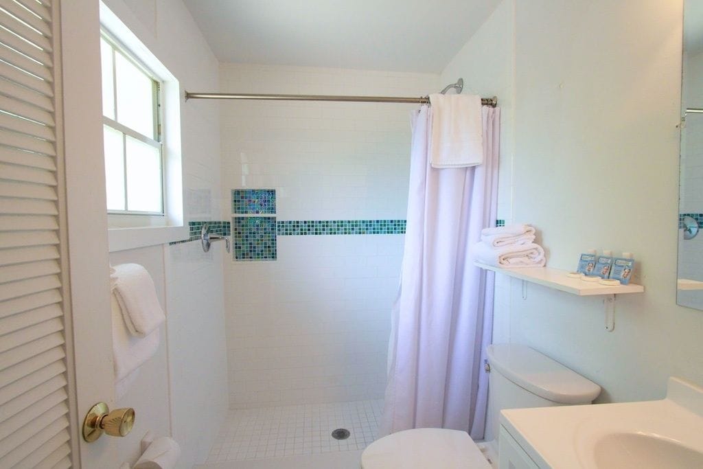 Un baño con ducha, inodoro y lavamanos.