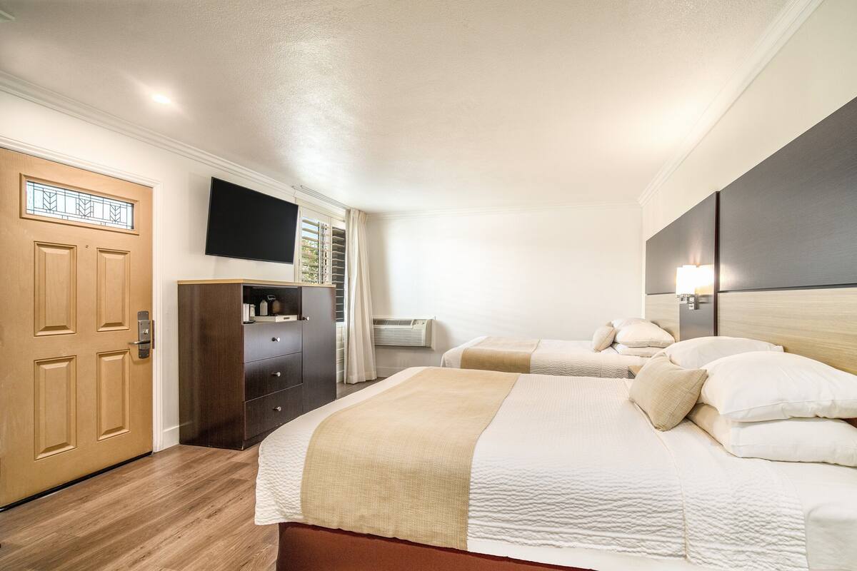 Une chambre d’hôtel avec deux lits, un téléviseur fixé au mur, une porte en bois et une fenêtre avec des stores.