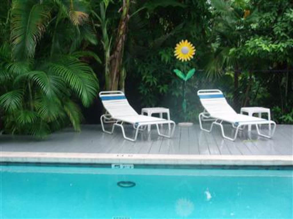 Una piscina con due lettini da sole e un'area prendisole immersa nel verde.