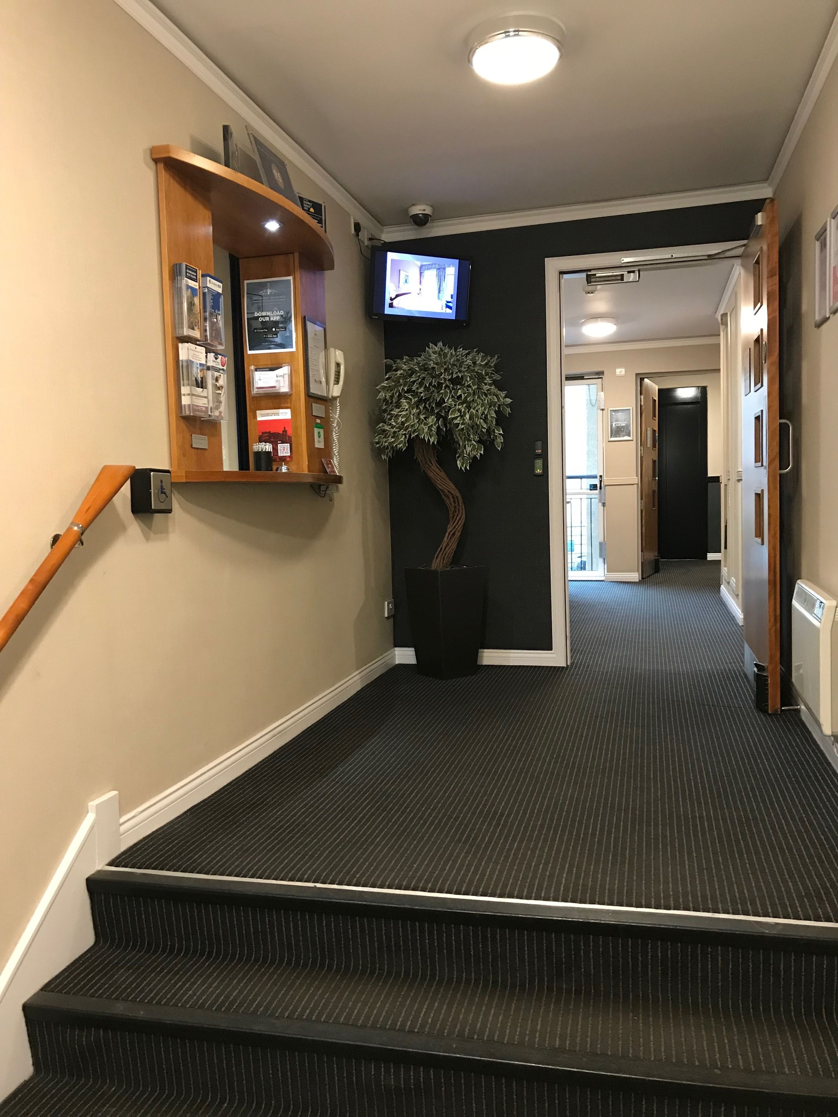 Un pasillo de hotel con barandal de madera, alfombra negra con textura, televisor montado, planta en maceta y un mostrador de recepción con folletos informativos.
