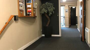 Un pasillo de hotel con barandal de madera, alfombra negra con textura, televisor montado, planta en maceta y un mostrador de recepción con folletos informativos.