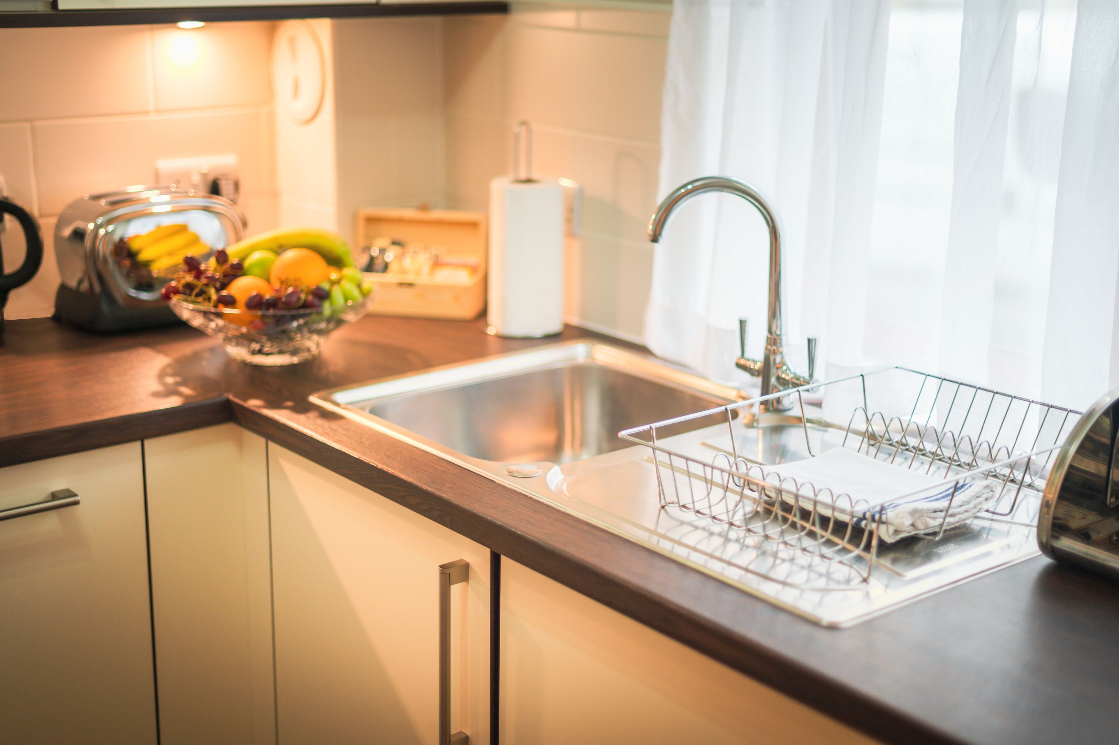 Una cocina con un lavamanos de acero inoxidable, un frutero y un tostador.