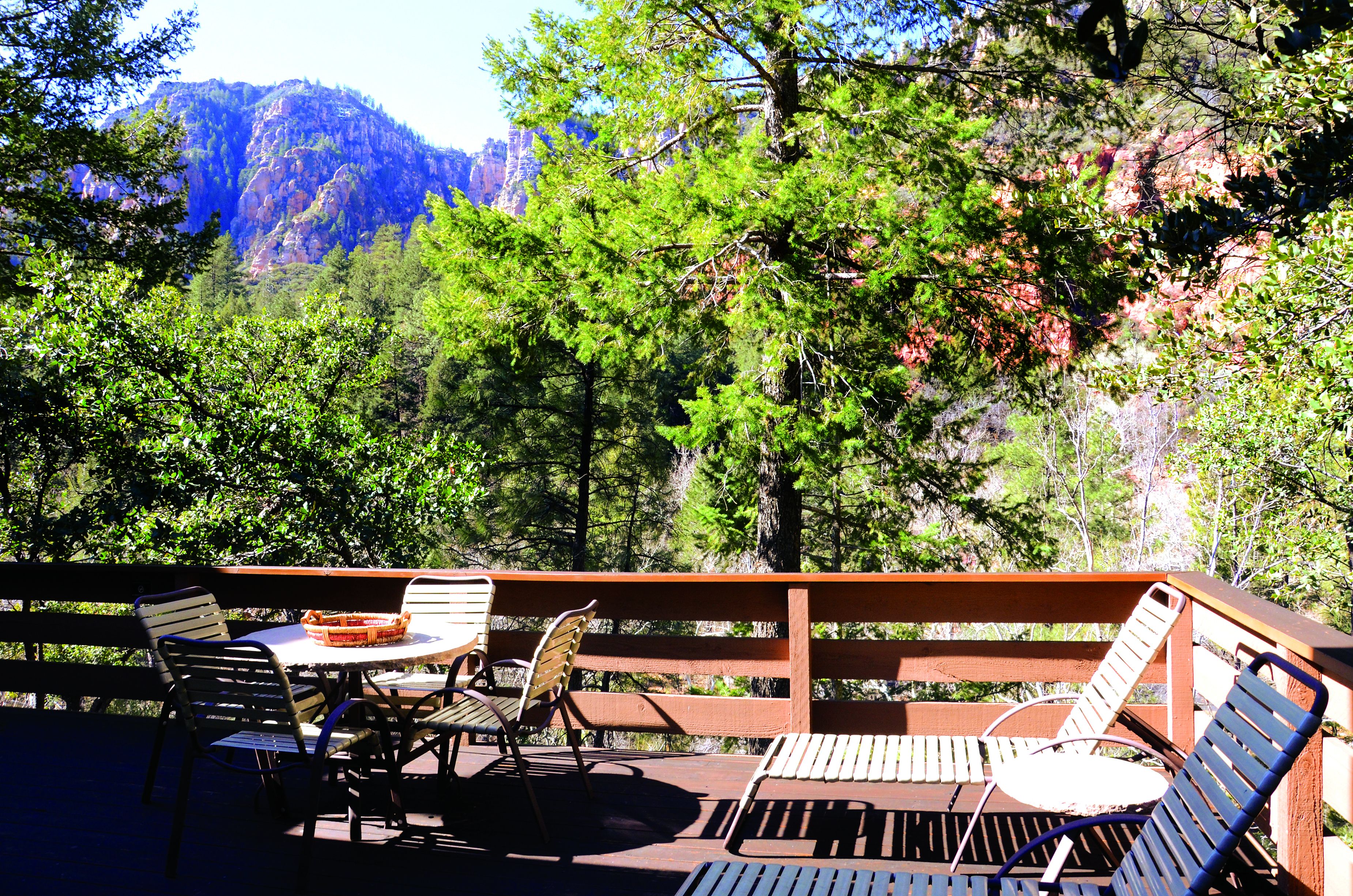 Une terrasse aménagée avec du mobilier d’extérieur, notamment des chaises et une table, qui offre une vue sur une zone boisée avec des montagnes en arrière-plan.