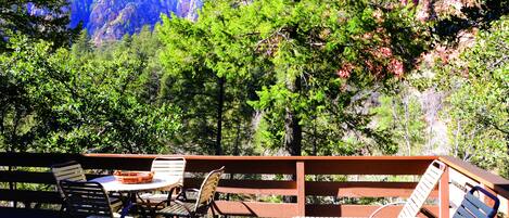 Une terrasse aménagée avec du mobilier d’extérieur, notamment des chaises et une table, qui offre une vue sur une zone boisée avec des montagnes en arrière-plan.