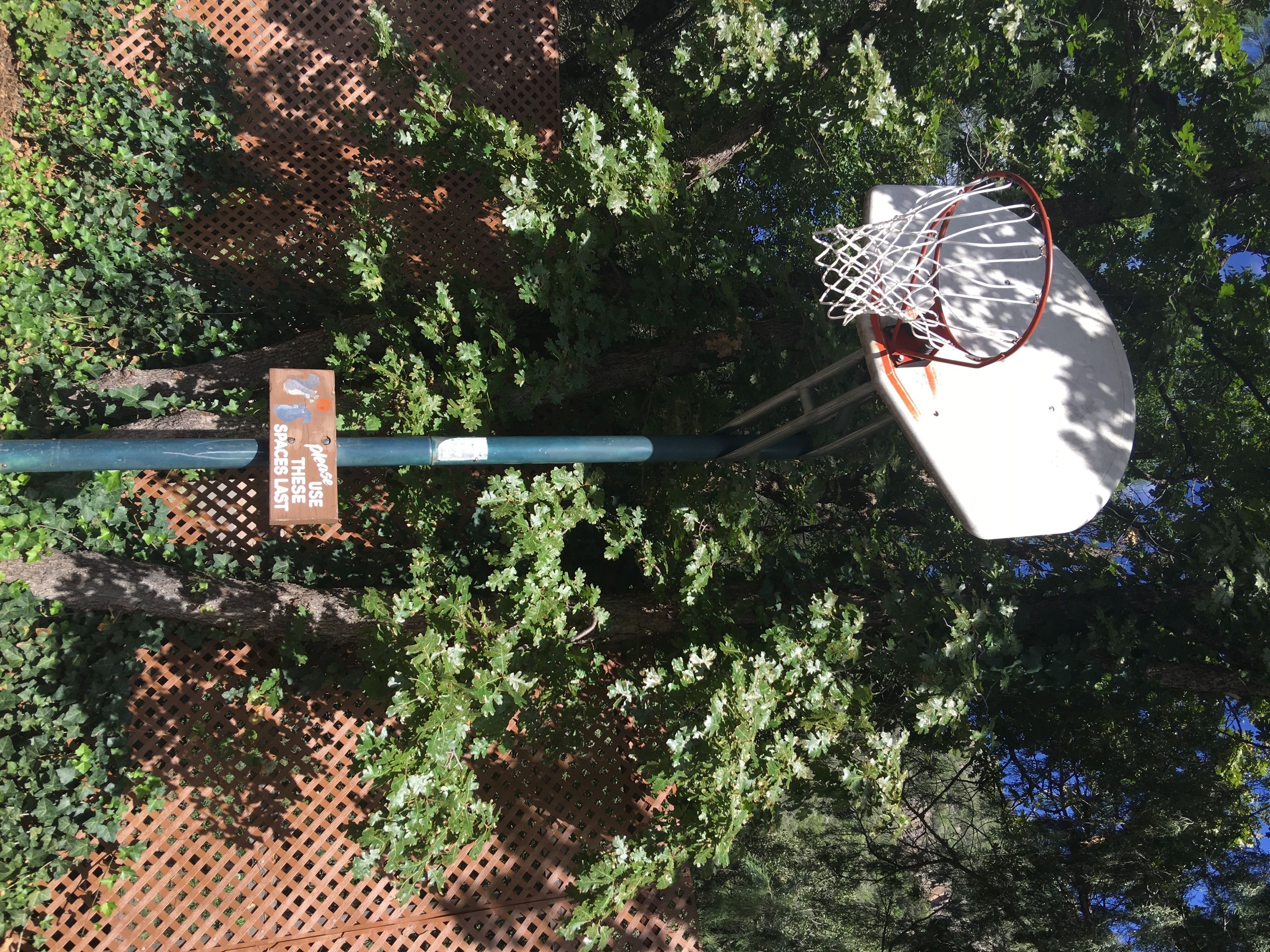 Un panier de basket avec une pancarte indiquant : « Utilisez ces espaces en dernier.  »