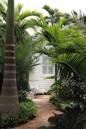A pathway leading to a white house surrounded by lush greenery and a palm tree.