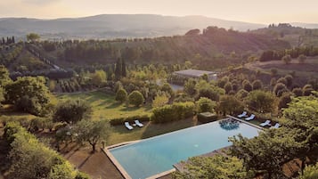 Seasonal outdoor pool, pool loungers