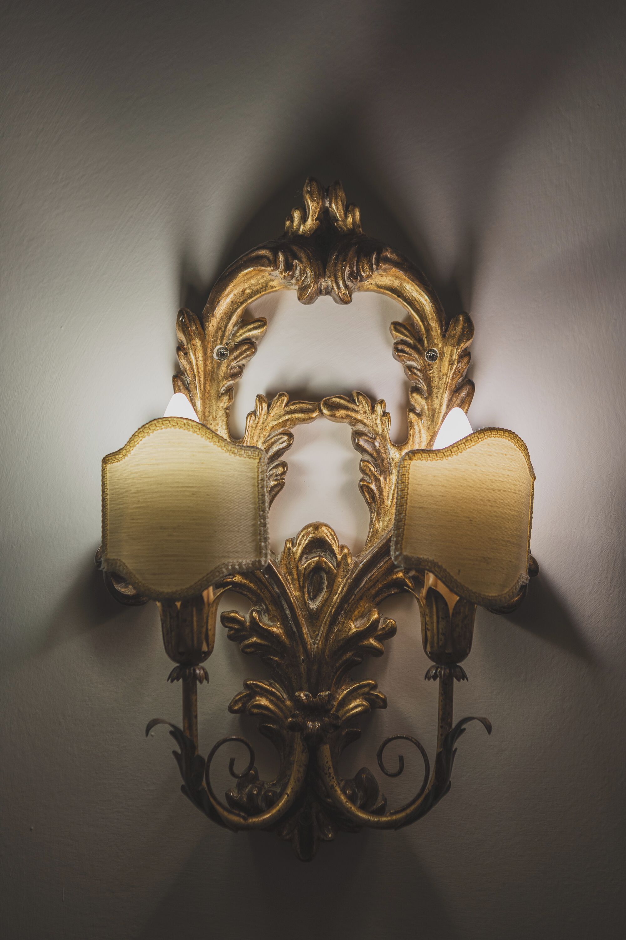 A wall-mounted light fixture with ornate, gold-colored metalwork and two lampshades.