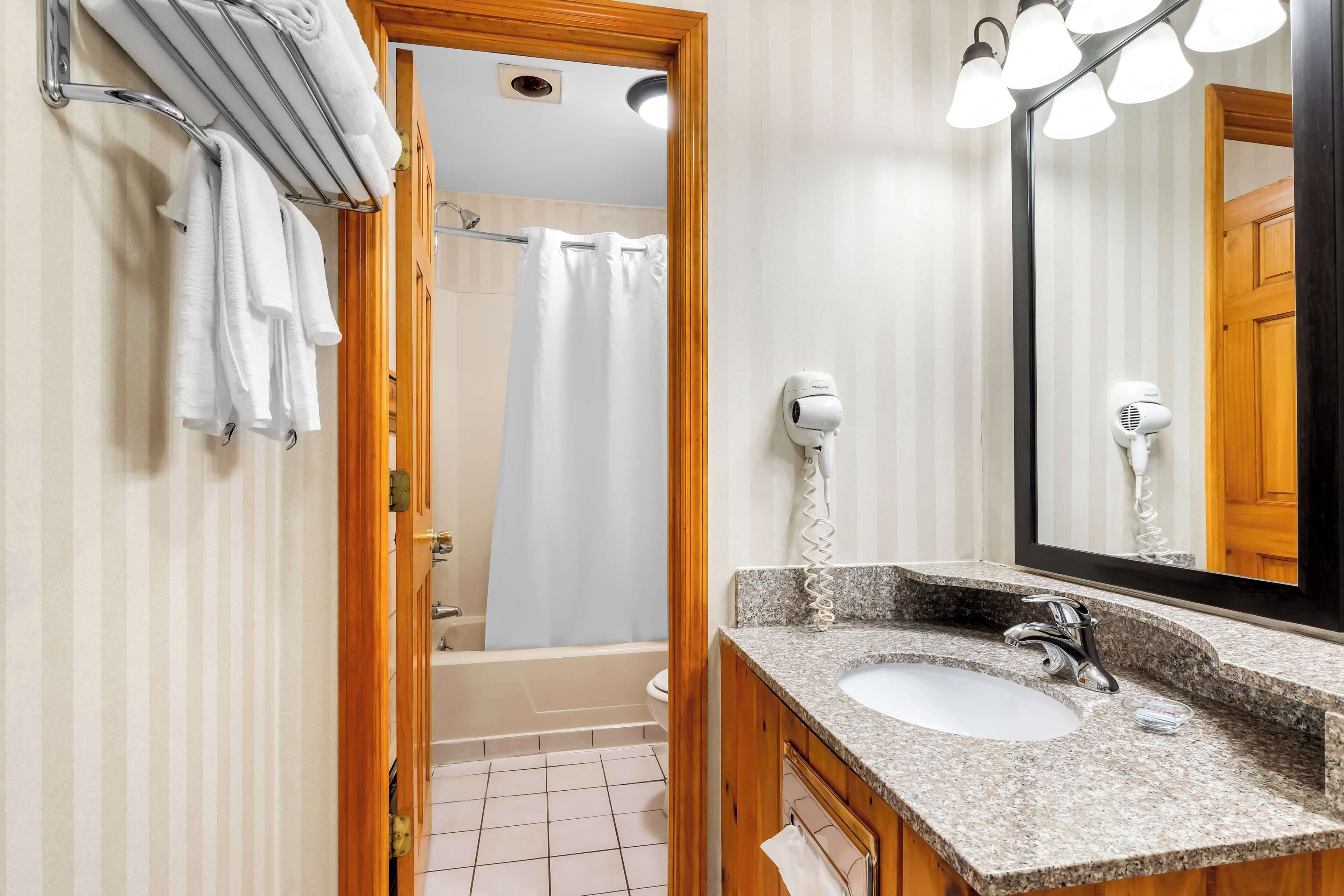 combined shower/bathtub, free toiletries, hair dryer, towels