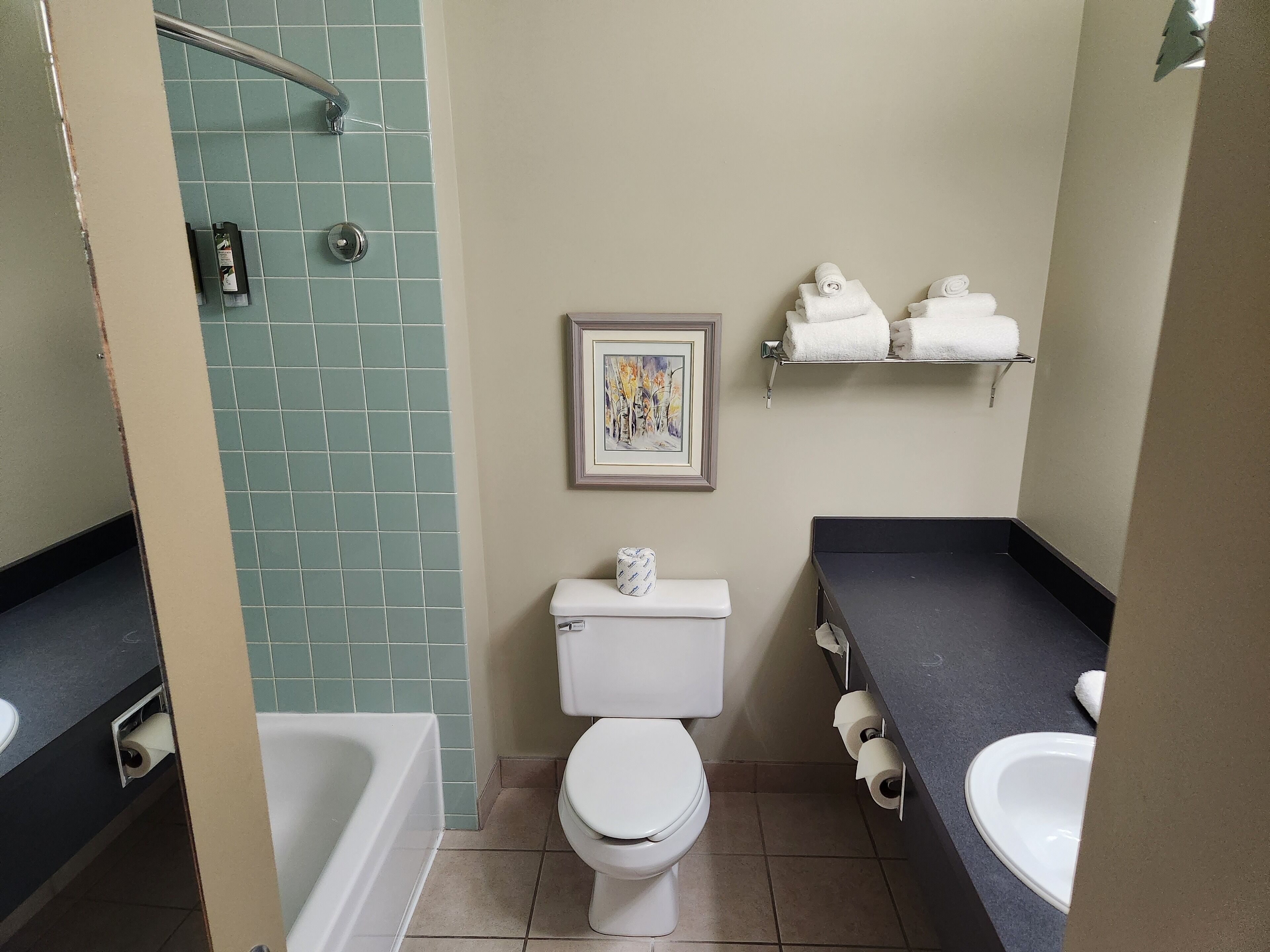 A bathroom with a toilet, a bathtub, a sink, and a shelf with towels.