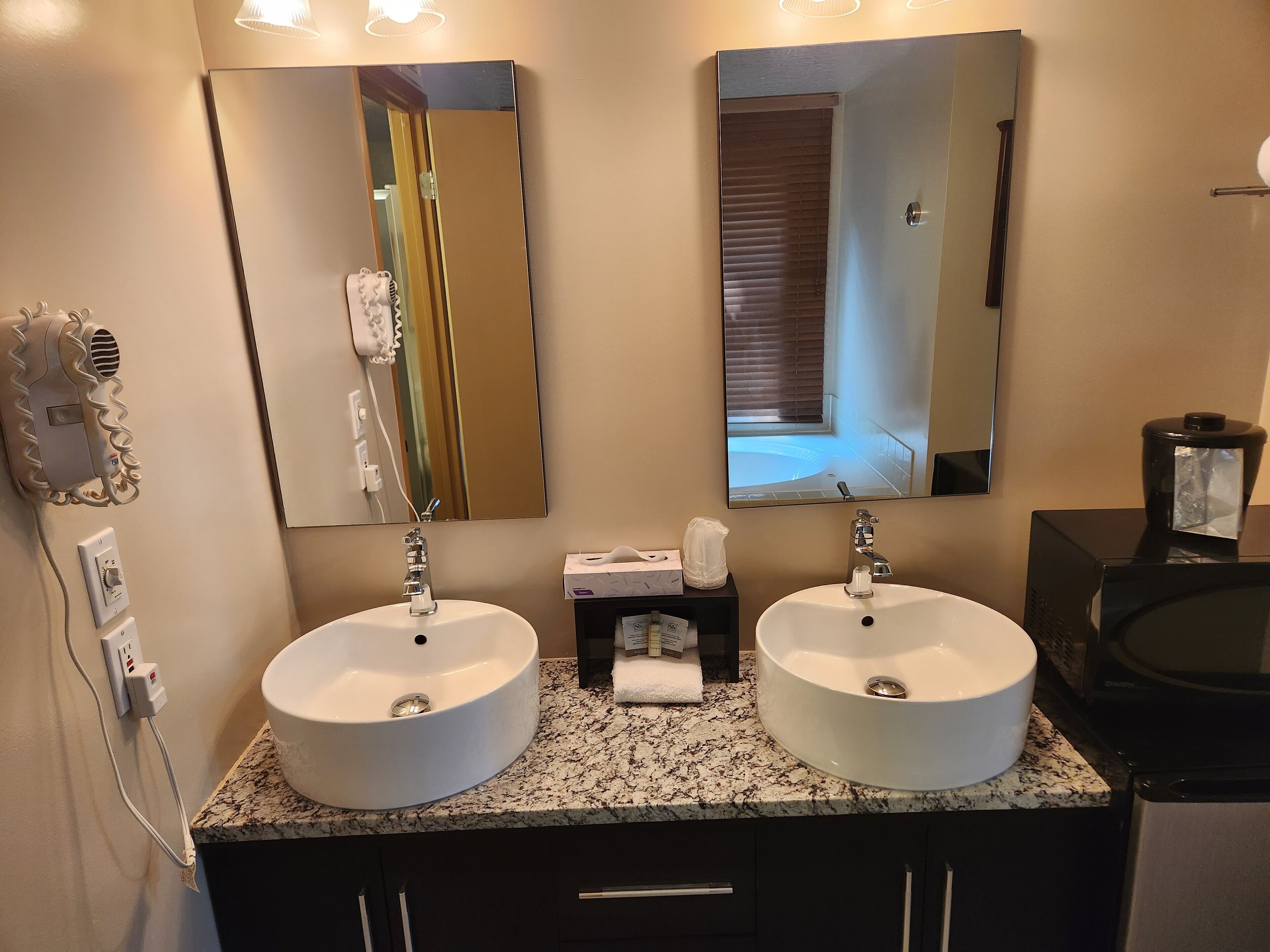A bathroom with two sinks, a hairdryer, and a mirror.