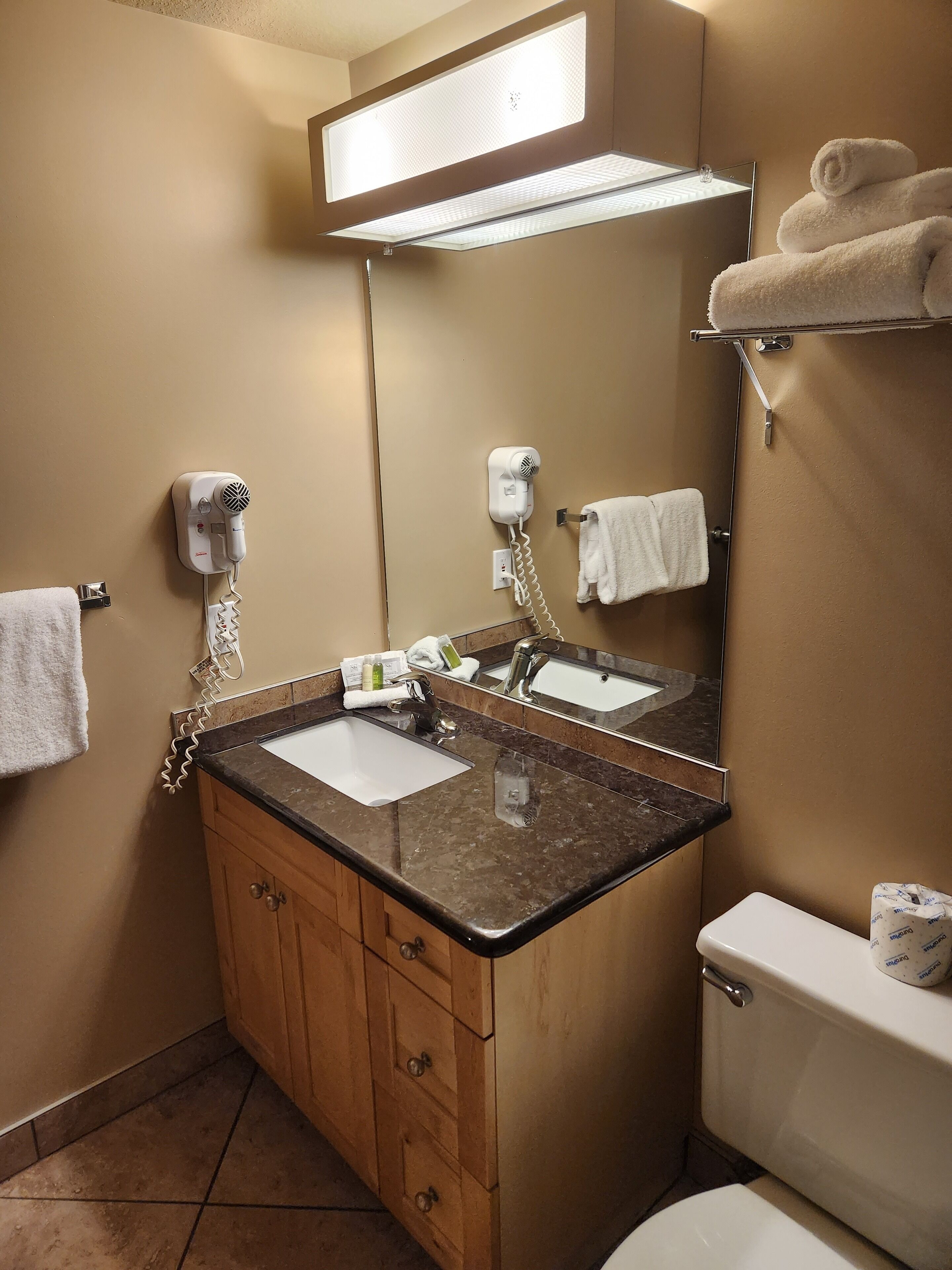 A bathroom with two sinks, a toilet, a hairdryer, and a towel rack.