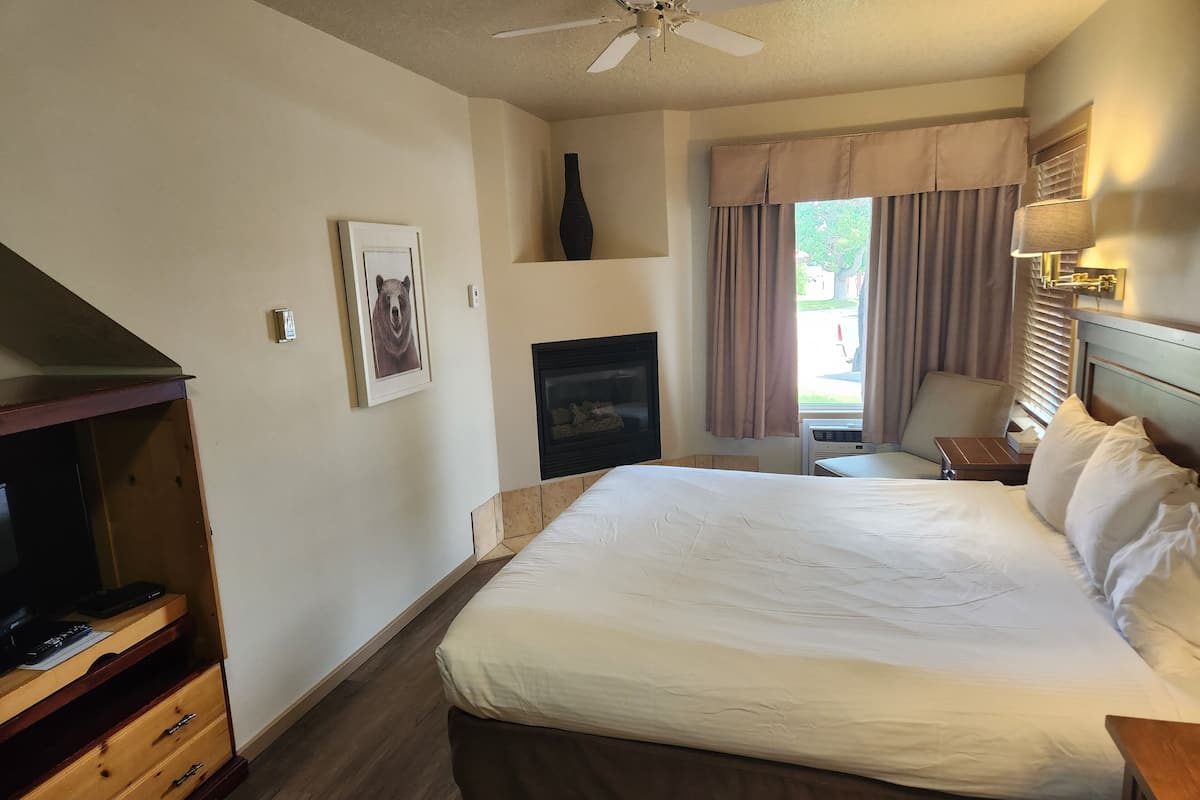 Una habitación de hotel con una cama grande, un televisor sobre un mueble de madera, una chimenea y una ventana con cortinas.