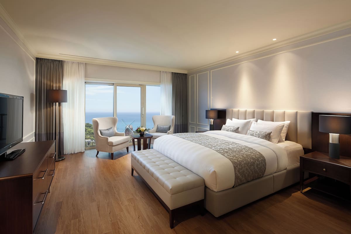 Une chambre d’hôtel spacieuse, dotée d’un grand lit, d’une télévision, d’un bureau et offrant une vue sur la ville.