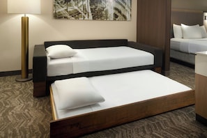 Premium bedding, pillowtop beds, desk, blackout drapes