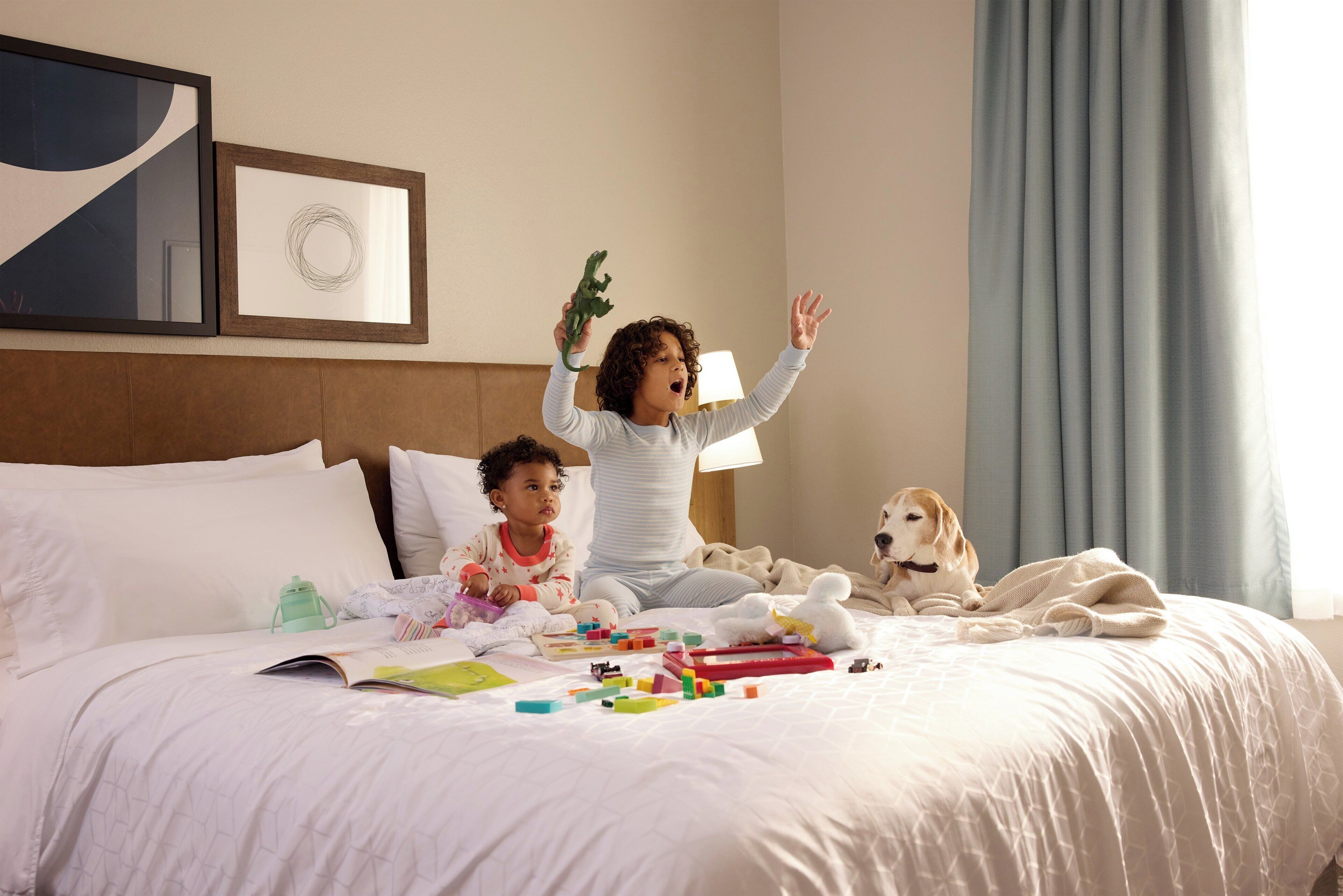 A hotel room with a bed, pillows, a lamp, and a dog.