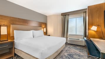 Habitación de hotel con una cama grande, un escritorio, una silla, una mesita de noche, una lámpara, una ventana con cortinas y un equipo de aire acondicionado.