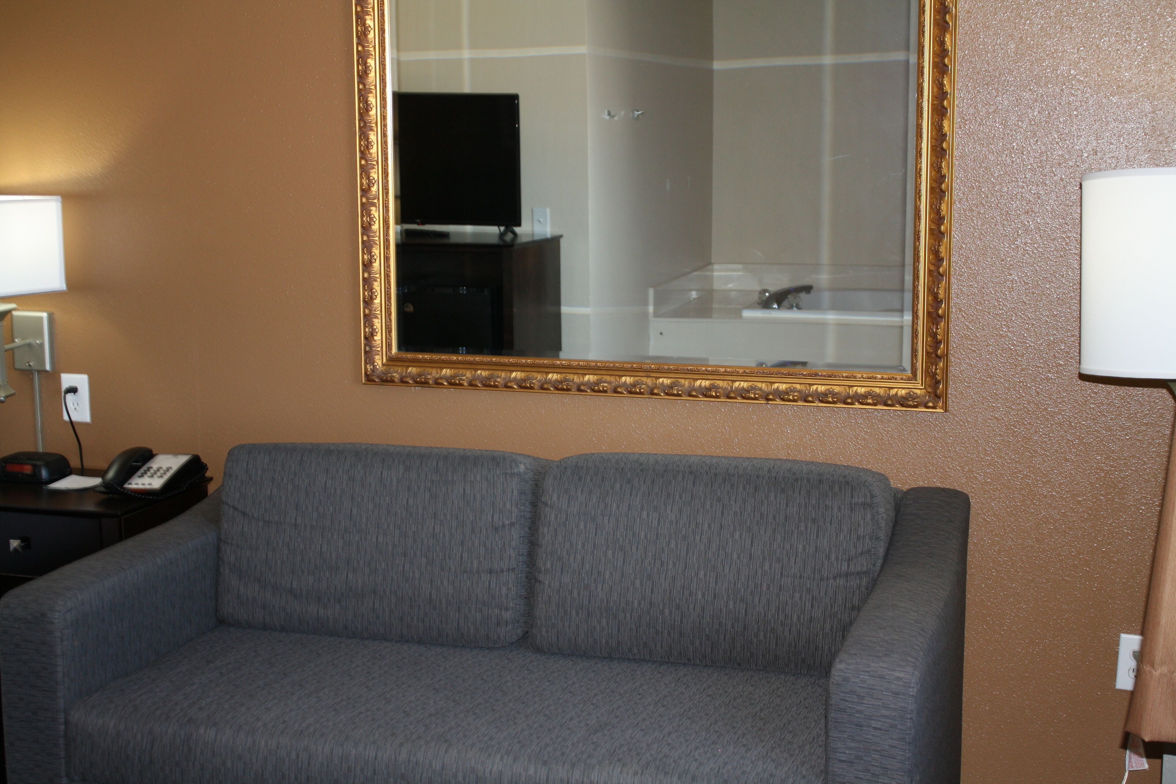 A gray sofa in a room with a large mirror on the wall, a lamp, and a telephone on a side table.