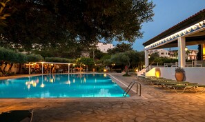 Seasonal outdoor pool, pool umbrellas, pool loungers