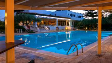 Seasonal outdoor pool, pool umbrellas, pool loungers