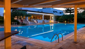 Seasonal outdoor pool, pool umbrellas, pool loungers