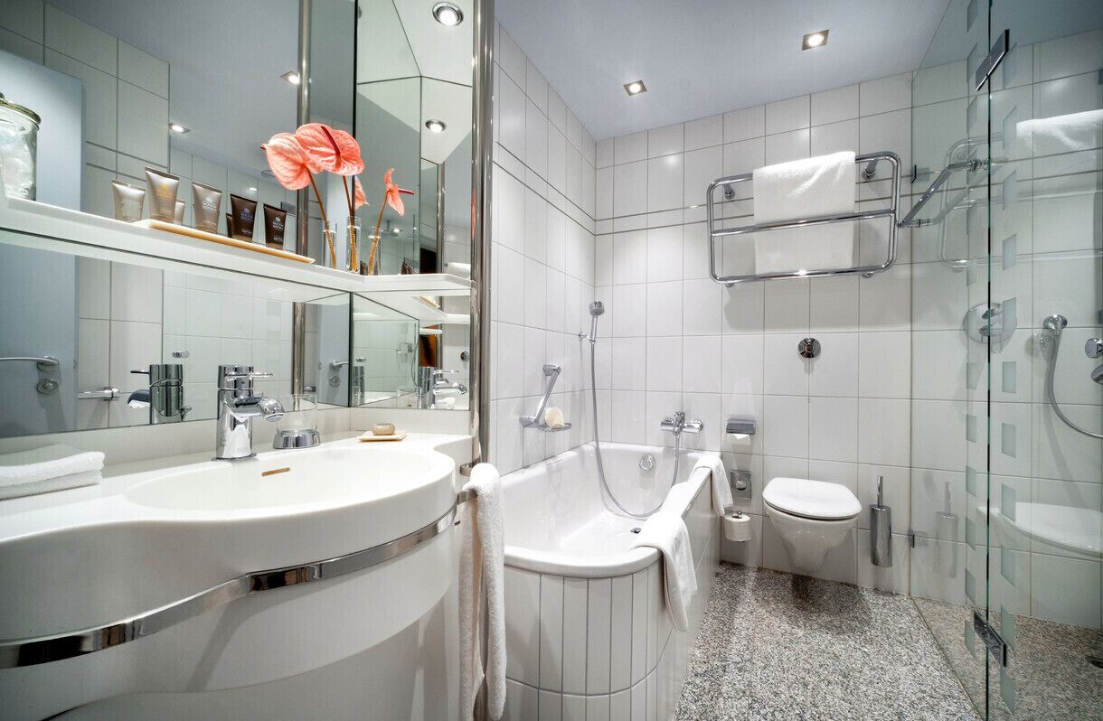 separate bathtub and shower, eco-friendly toiletries, hair dryer