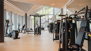 A gym with cardio machines, weight stations, and a large window providing natural light.