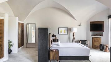 Una habitación de hotel moderna con una cama grande, un televisor de pantalla plana, un escritorio y una planta en maceta.