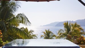 Un jacuzzi con vistas al mar y palmeras.