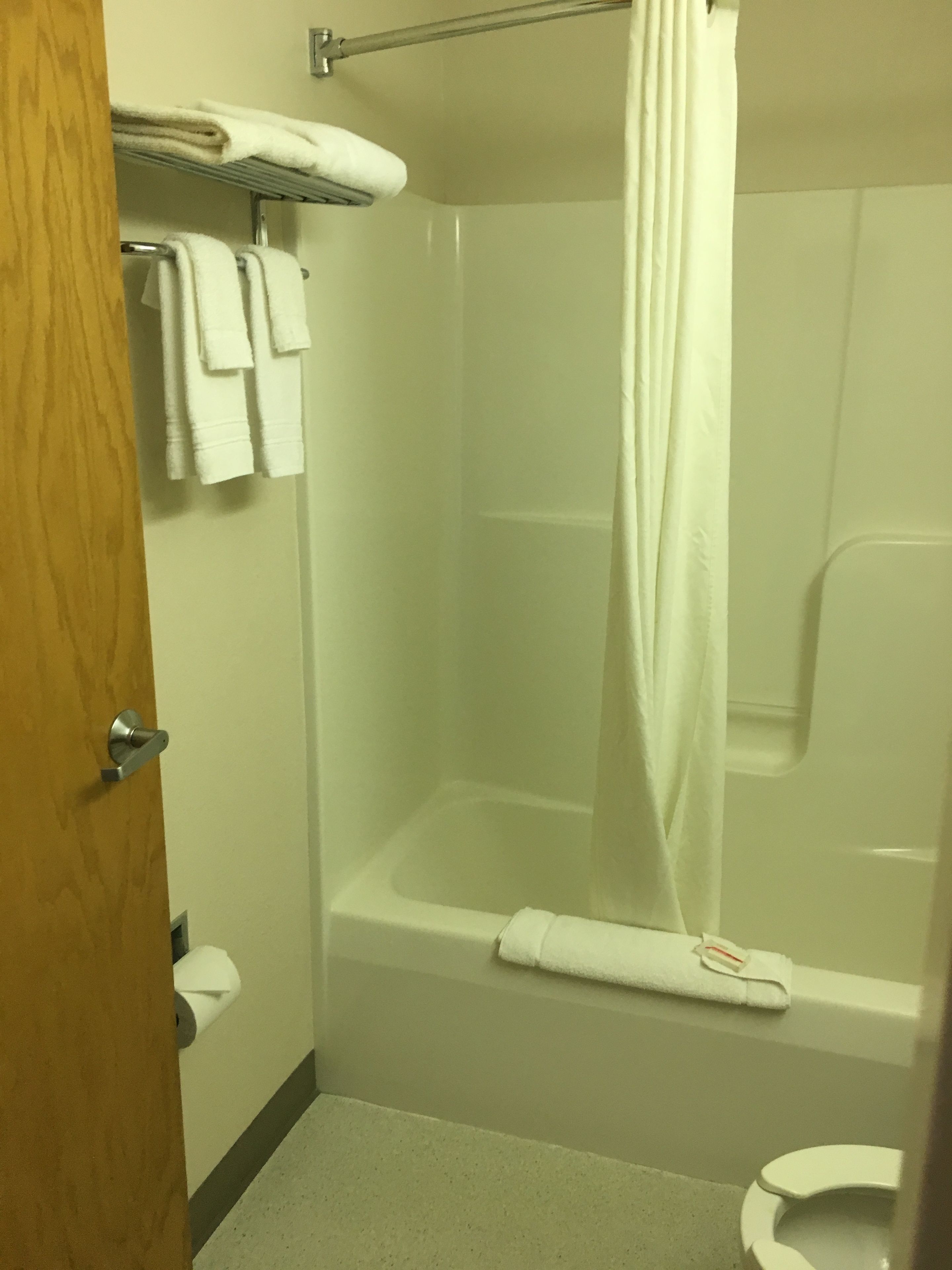 Une salle de bain équipée d’une douche, de toilettes et d’un porte-serviettes avec des serviettes.