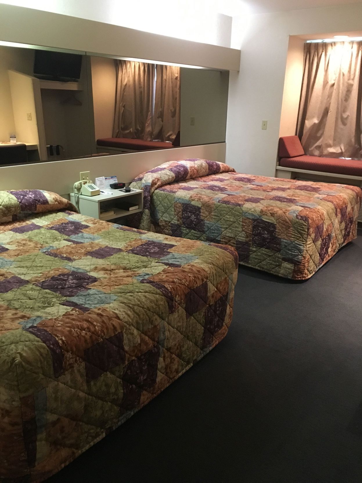 Desk, laptop workspace, blackout curtains, free WiFi