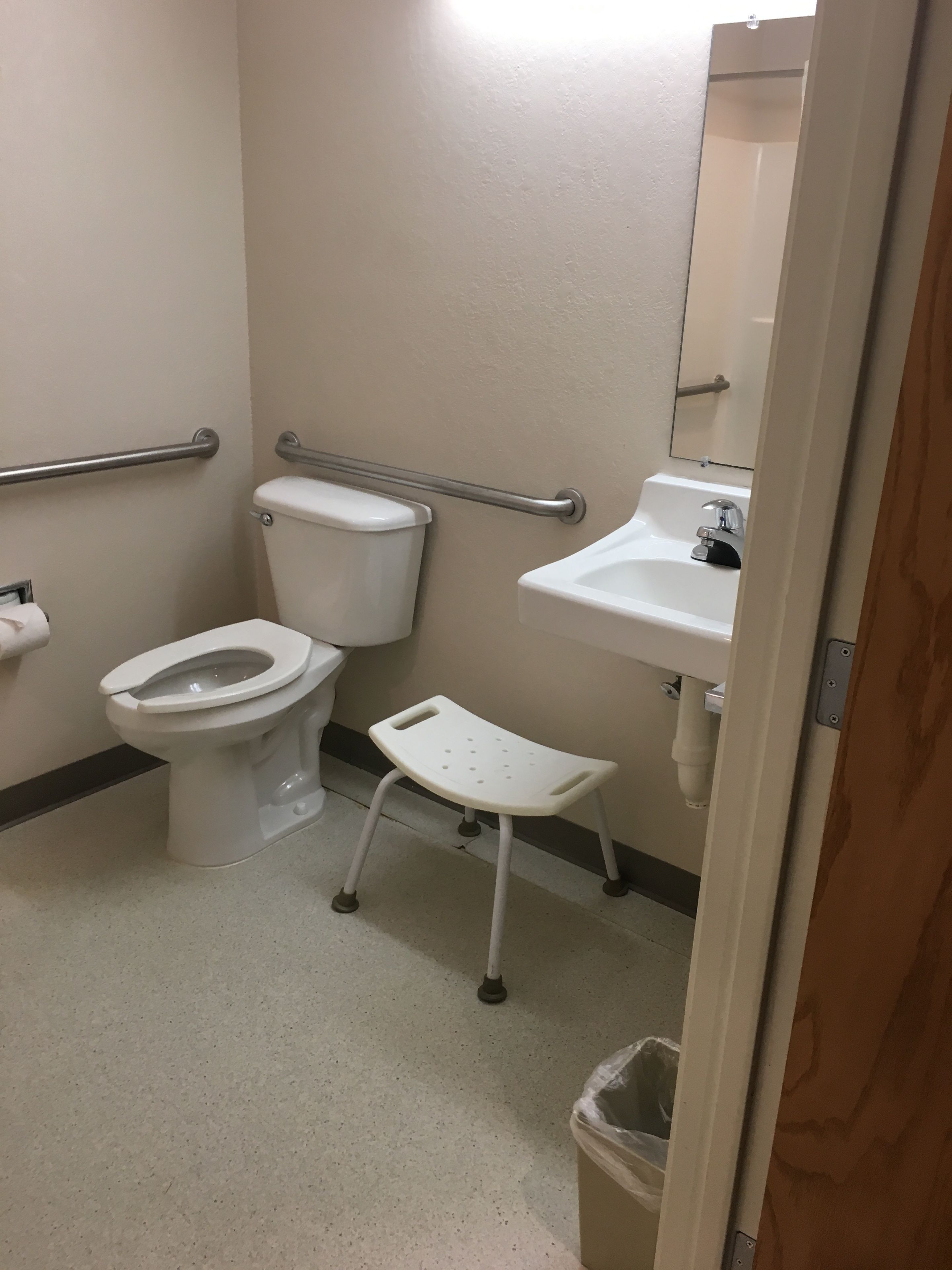 Un baño estándar con inodoro, lavabo y espejo.