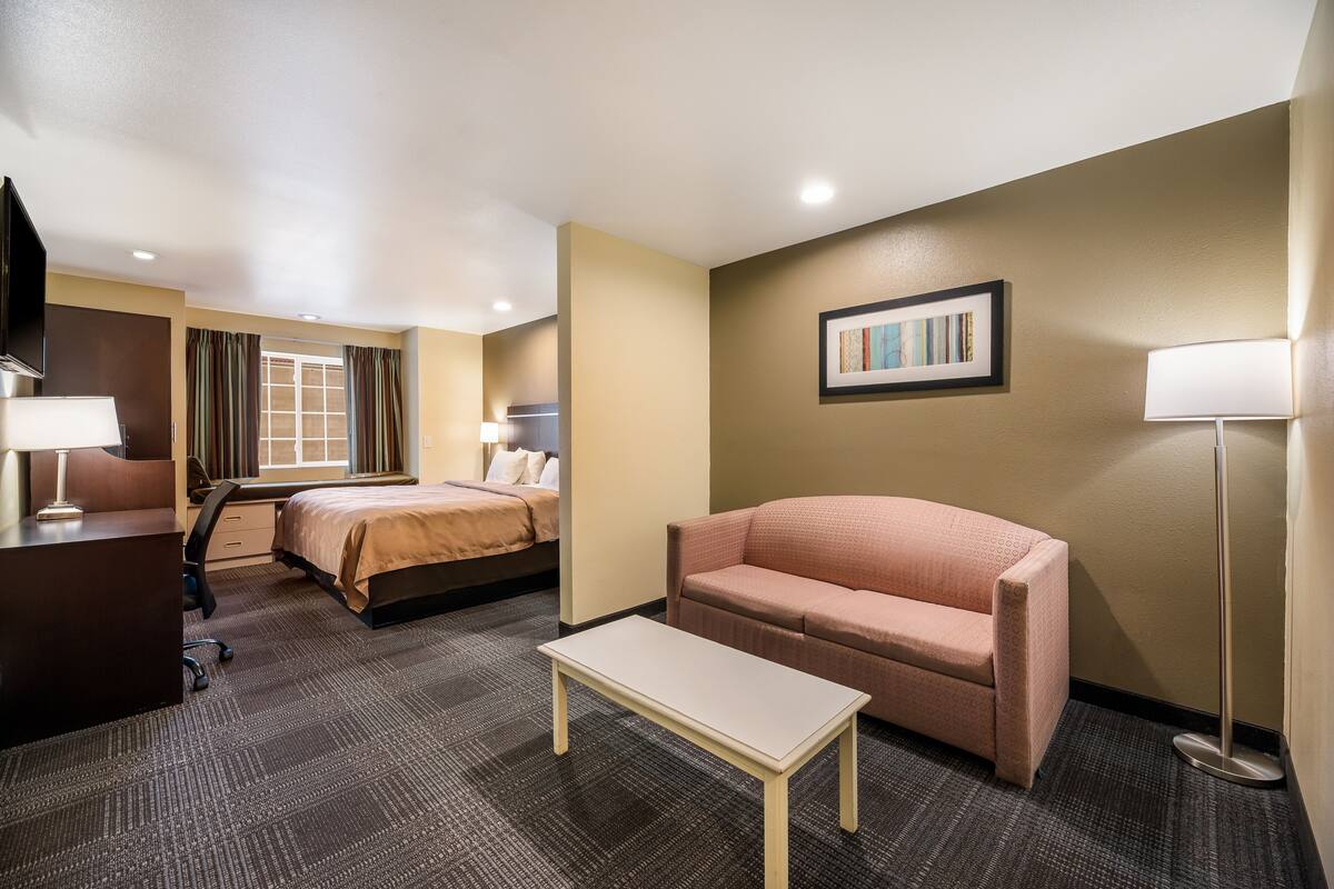 A hotel room with a bed, a sofa, a desk, a lamp, and a picture on the wall.