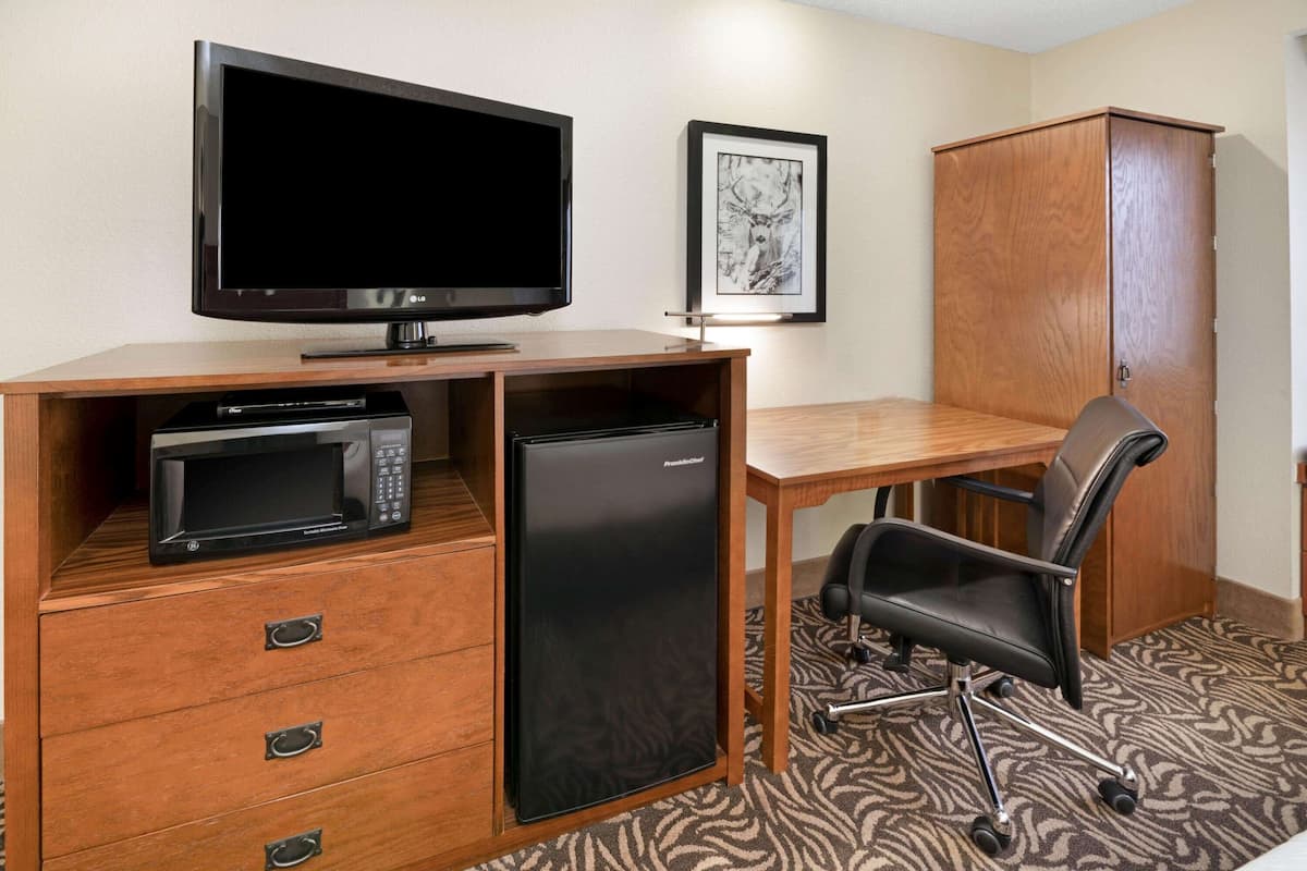 A compact hotel room with a wooden desk, a television, a refrigerator, a microwave, a chair, and a framed picture on the wall.