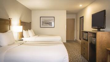 Une chambre d’hôtel avec deux lits, une télévision, une commode et un tableau encadré au mur.